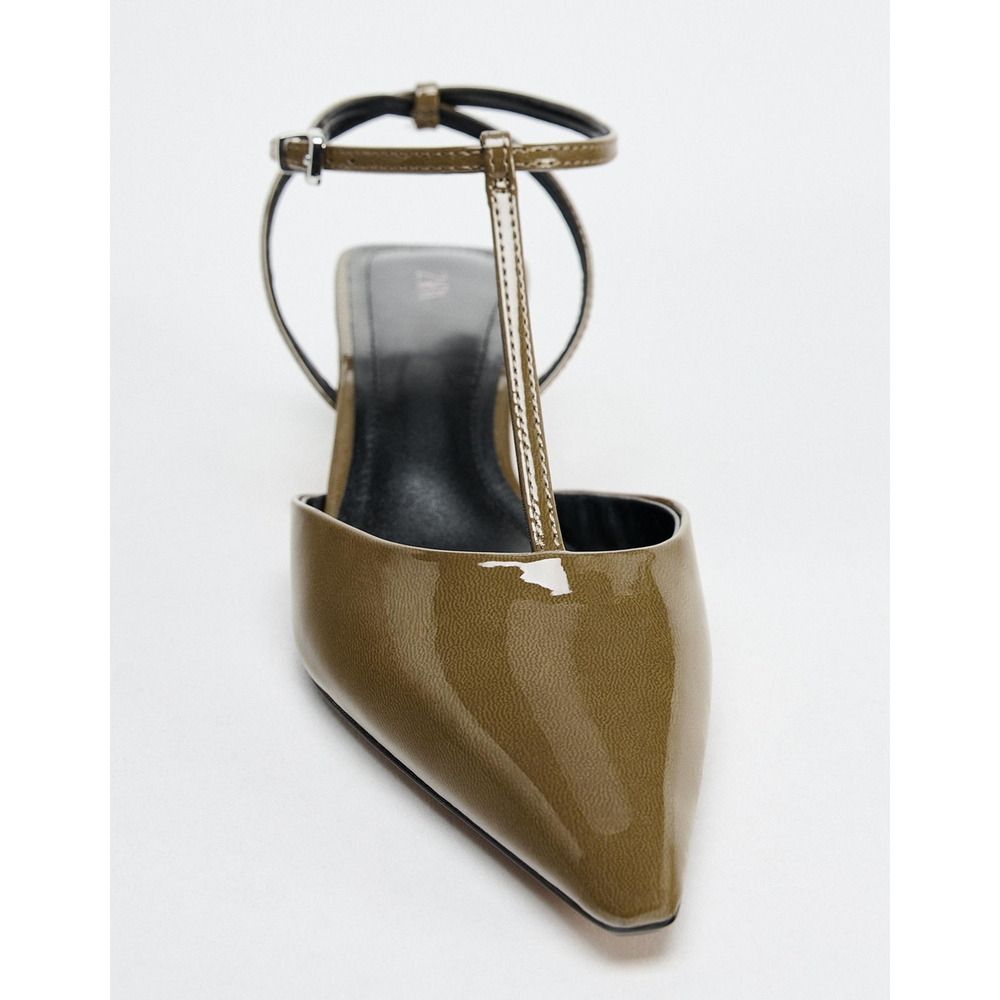 Zara Olive Green Pointed Toe T-Strap Slingback Heels NWT - Picture 14 of 16